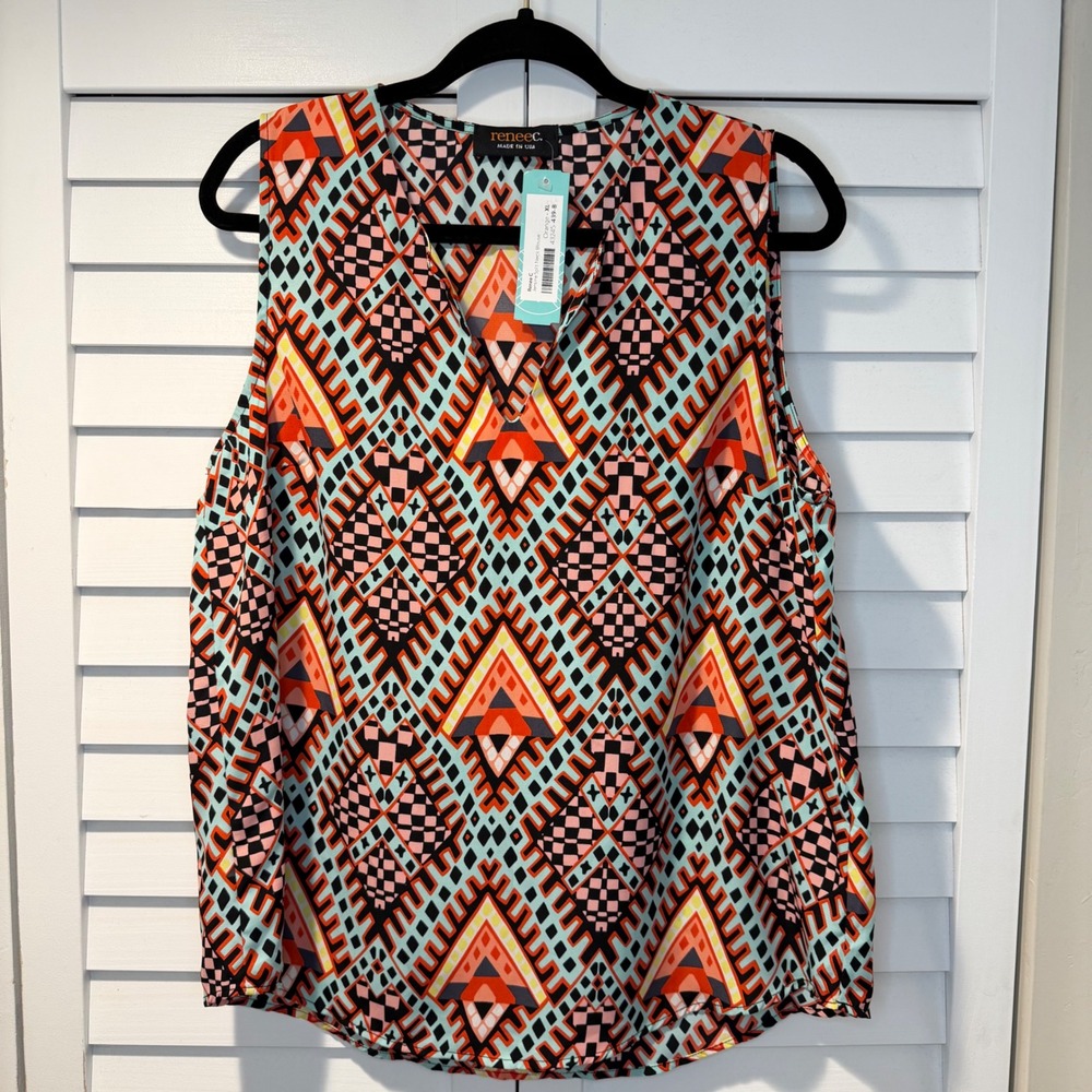 Renee C Women XL Geometric Print Split Neck Blouse Orange‎ Made in USA New